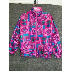 Vintage Sunterra Petite Pink Purple Teal Geometric Nylon Windbreaker Jacket PS